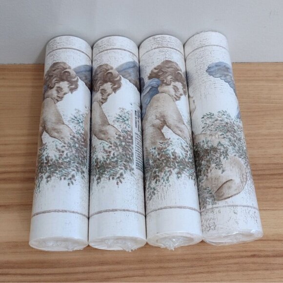 Sunworthy (4) 5Yds Blue Wings Angels Cherubs Cream Beige Wreath Wallpaper Border - Picture 1 of 6